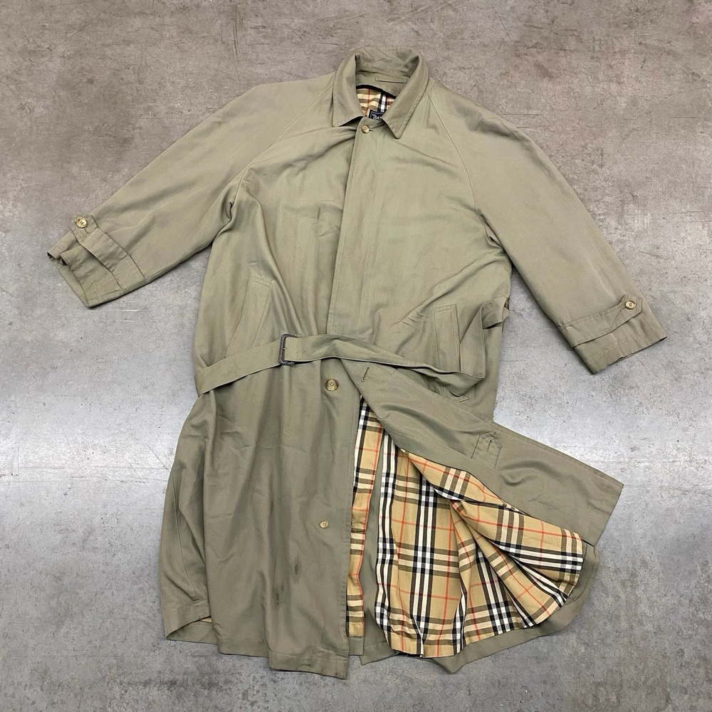 Burberrys Trench Coat Beige Nova Check Lined Belted‎ Vintage Womens Size 42